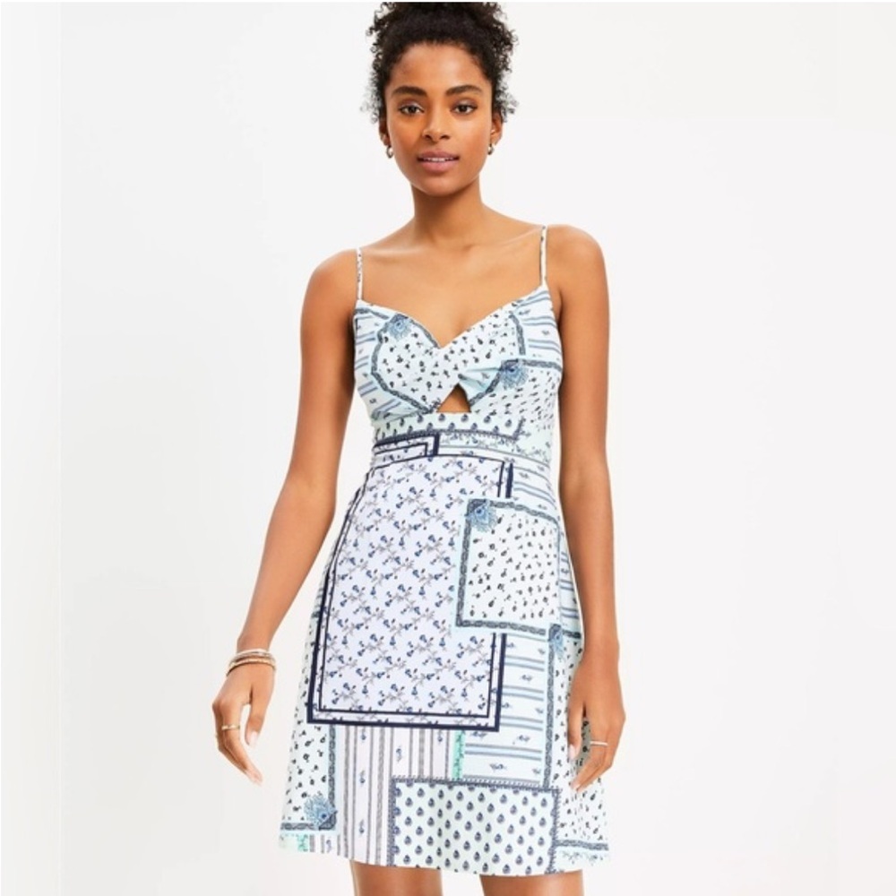 LOFT PETITE Patchwork Spaghetti Strap Cutout Cami Mini Dress 10 Graduation Day